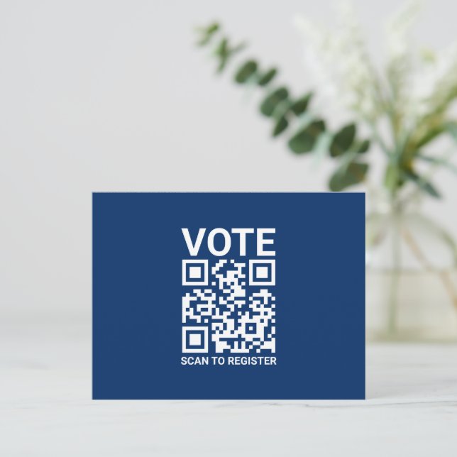 Vote Scan QR Code to register custom navy blue Postcard (Standing Front)