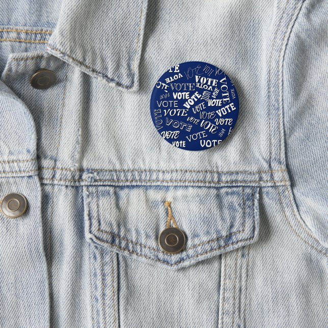 Vote text pattern font election white blue 6 cm round badge (In Situ)