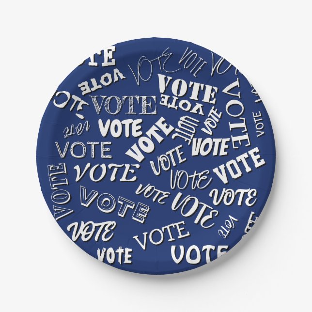 Vote text pattern font election white blue paper plate (Front)