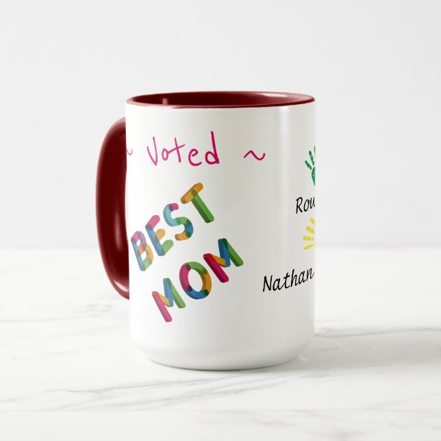 Voted Best Mum Child Hand print art Personalise Mug (Front Left)