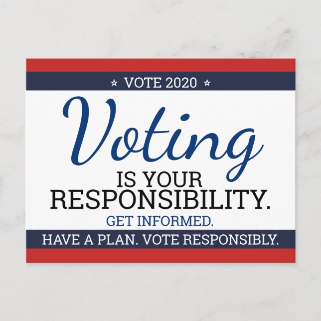 Voting is Your Responsibility. Vote Election 2020 Postcard (Front)