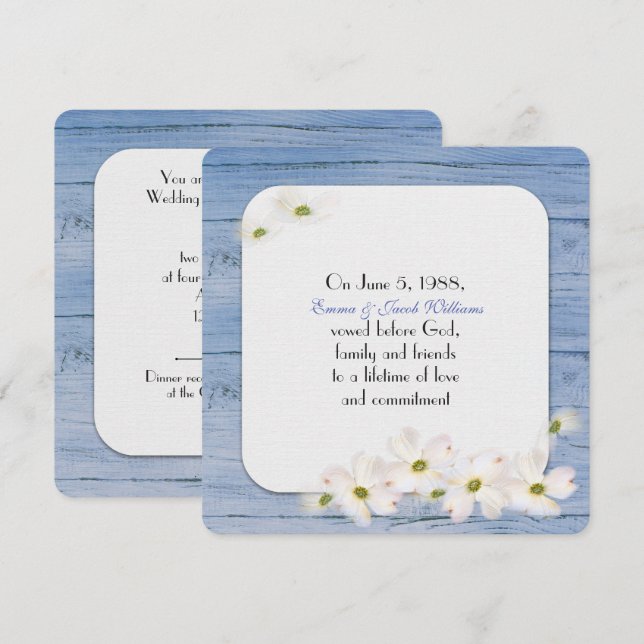 vow renewal- blue wood with soft floral bouquet invitation (Front/Back)