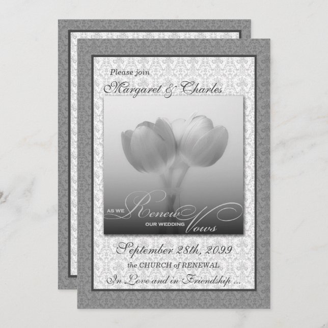 Vow Renewal Ceremony Silver Damask and Tulips Invitation (Front/Back)