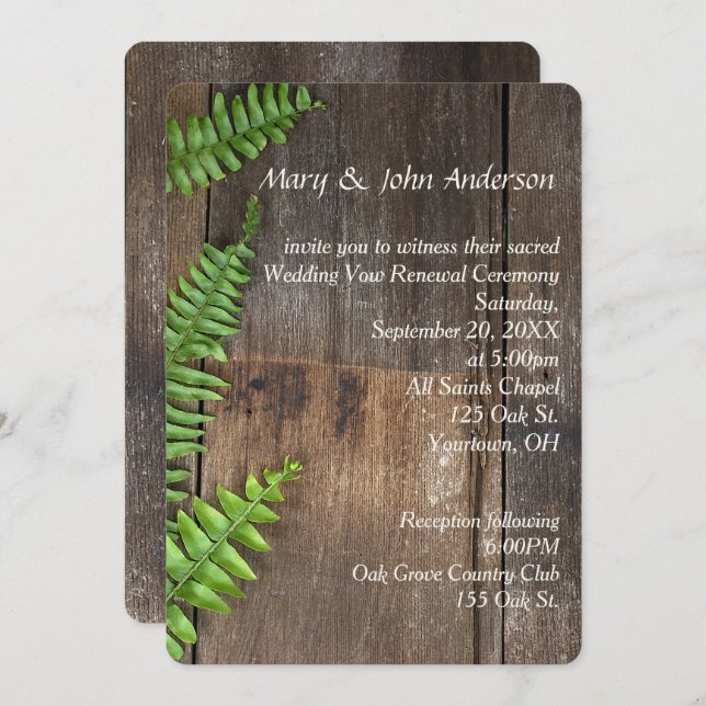 Vow Renewal Fern On Rustic Wood Invitation (Front/Back)