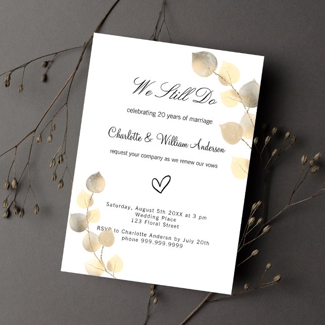Vow renewal golden eucalyptus foliage white invitation postcard (Creator Uploaded)