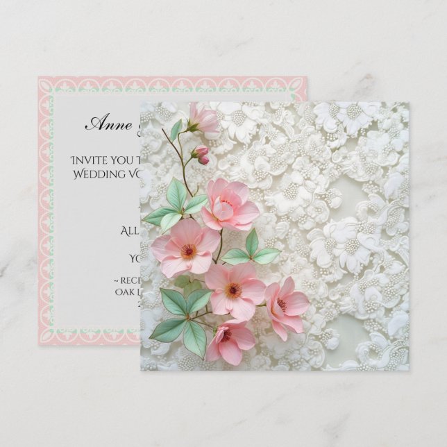 Vow Renewal Pink Flowers On White Bridal Lace Invitation (Front/Back)