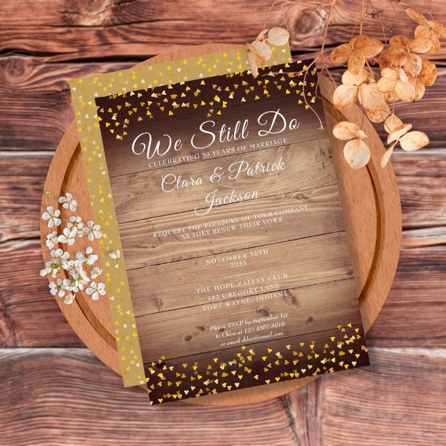 Vow Renewal We Still Do Golden Love Hearts Rustic Invitation (Creator Uploaded)
