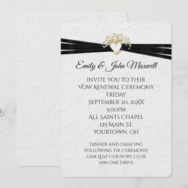 Vow Renewal White Embossed Floral with Heart  Invitation (Front/Back)