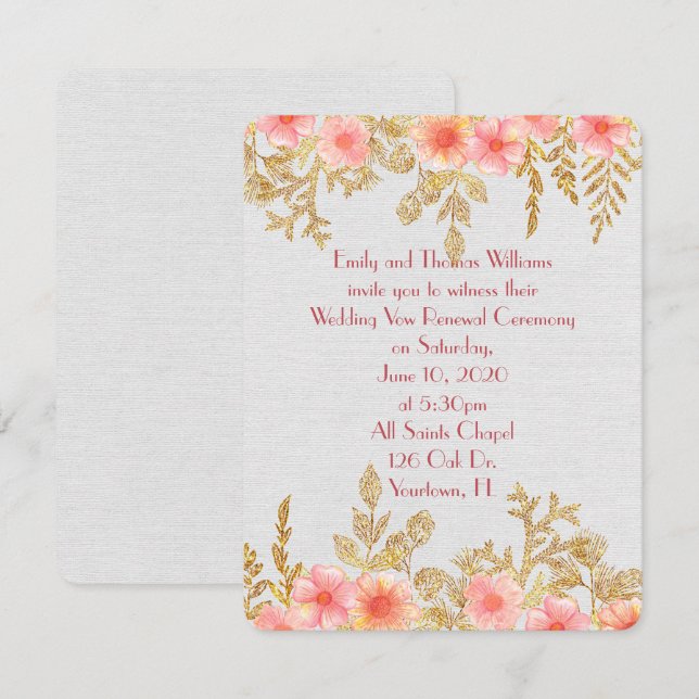 Vow Renewalpink floral and gold leaf border border Invitation (Front/Back)