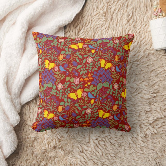 Voysey's Garden Red Background Cushion (Blanket)