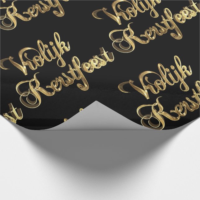Vrolijk Kerstfeest Dutch Christmas Black and Gold Wrapping Paper (Corner)