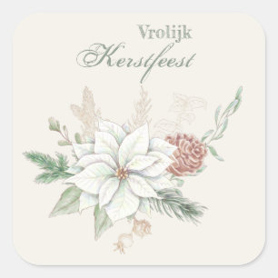 Vrolijk kerstfeest White Poinsettia and Pine Cone Square Sticker