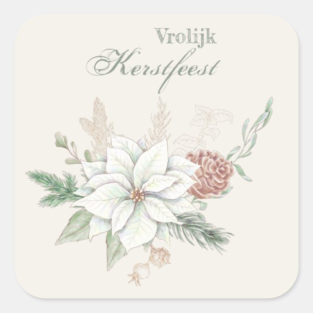 Vrolijk kerstfeest White Poinsettia and Pine Cone Square Sticker (Front)
