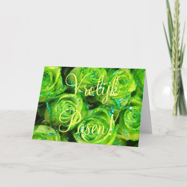 Vrolijk Pasen, Dutch Easter Card, Green Roses Holiday Card (Front)