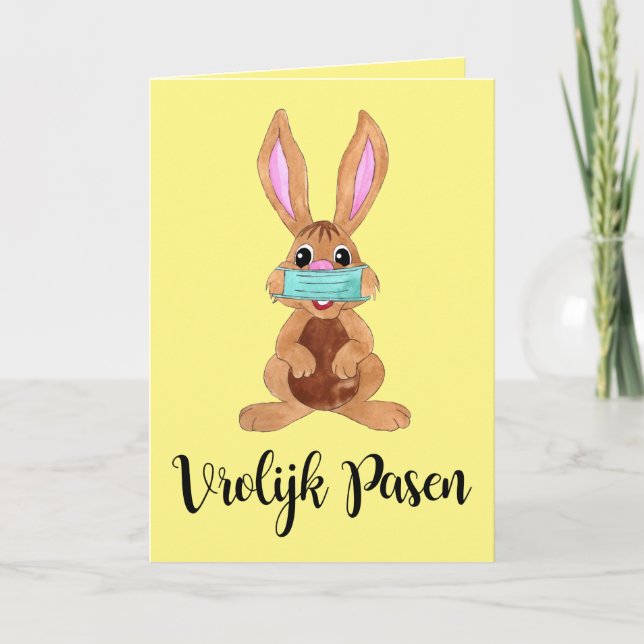 Vrolijk Pasen Dutch Easter Face masked Bunny Holiday Card (Front)