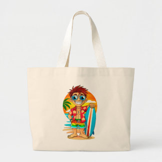 Vrolijke Surfer strand tas - Zomerse illustratie Large Tote Bag