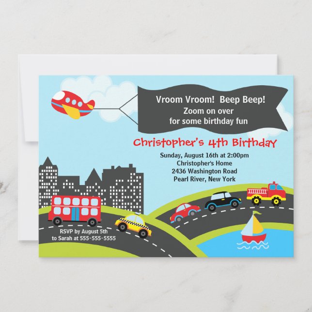 Vroom Beep Cars Birthday Party Invitation (Front)