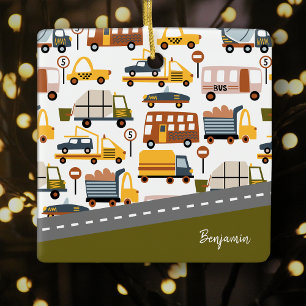 Vroom! Car Transportation Pattern Boy Christmas Ceramic Ornament