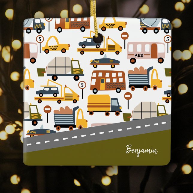 Vroom! Car Transportation Pattern Boy Christmas Ceramic Ornament (Creator Uploaded)