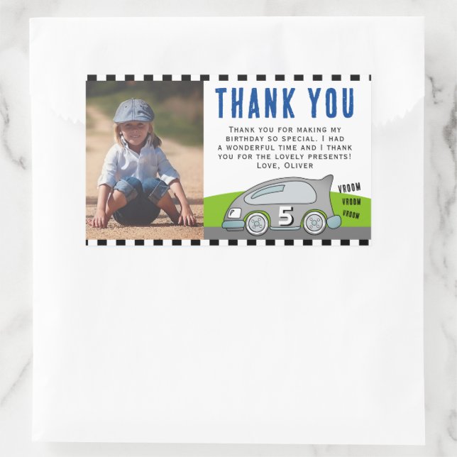 Vroom Racing Car Road Boy Photo Birthday Thank you Rectangular Sticker (Bag)