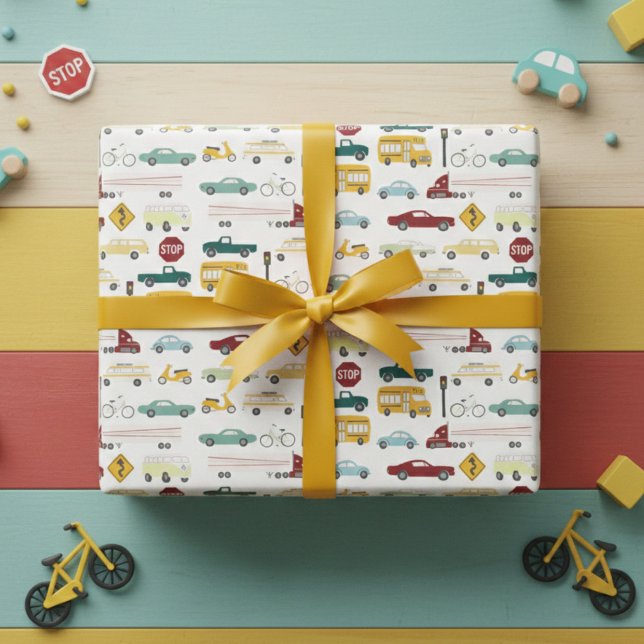 Vroom! Traffic Pattern Cars Trucks Bus Bike Bday Wrapping Paper Sheet (Vroom! Traffic Pattern Cars Trucks Bus Bike Birthday Wrapping Paper Sheets
)