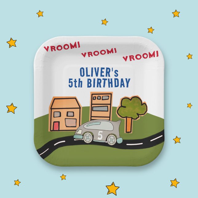 Vroom Vroom Racing Car Road House Boy Birthday Paper Plate (Creator Uploaded)