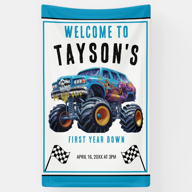 Vroom Zoom Monster Truck Boom | 1st Birthday Party Banner (Vertical)