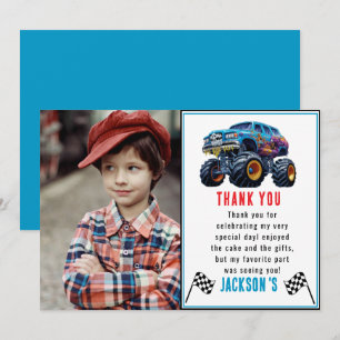 Vroom Zoom Monster Truck Boom   1st Birthday Party Thank You Card
