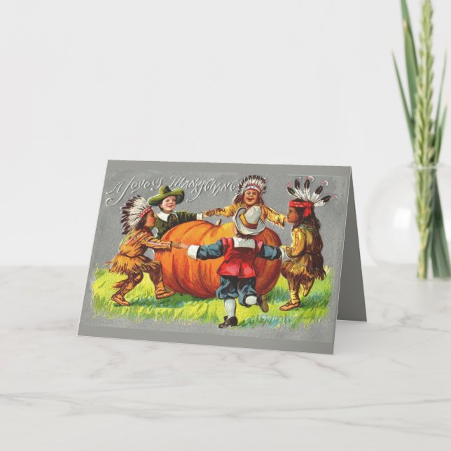 Vtg Indian Thanksgiving bday gourd children card (Front)