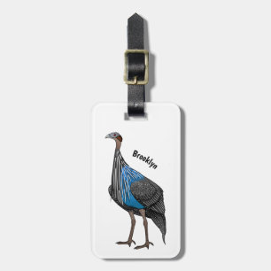 Vulturine guineafowl bird cartoon illustration luggage tag