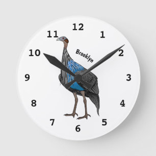 Vulturine guineafowl bird cartoon illustration round clock