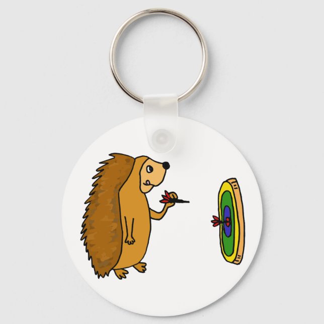 VV- Funny Hedgehog Throwing Darts Cartoon Key Ring (Front)