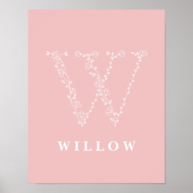 W Botanical Floral Monogram Custom Nursery Poster (Front)