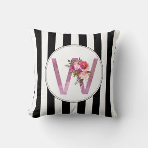 W, Floral Monogram initial , watercolor flower Cushion