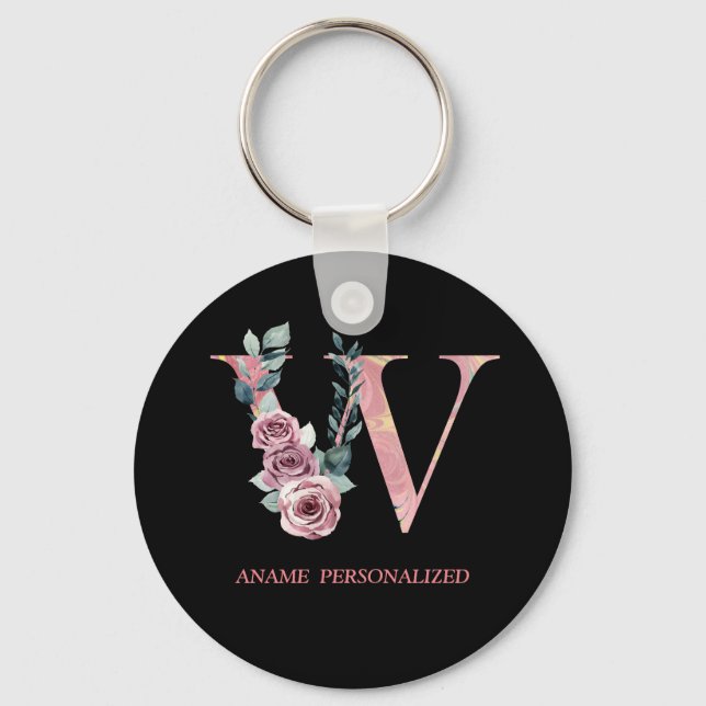 W Floral Monogram Name Letters Pink Agate Keychain (Front)