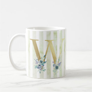 W, golden initial with blue and white stripes coffee mug