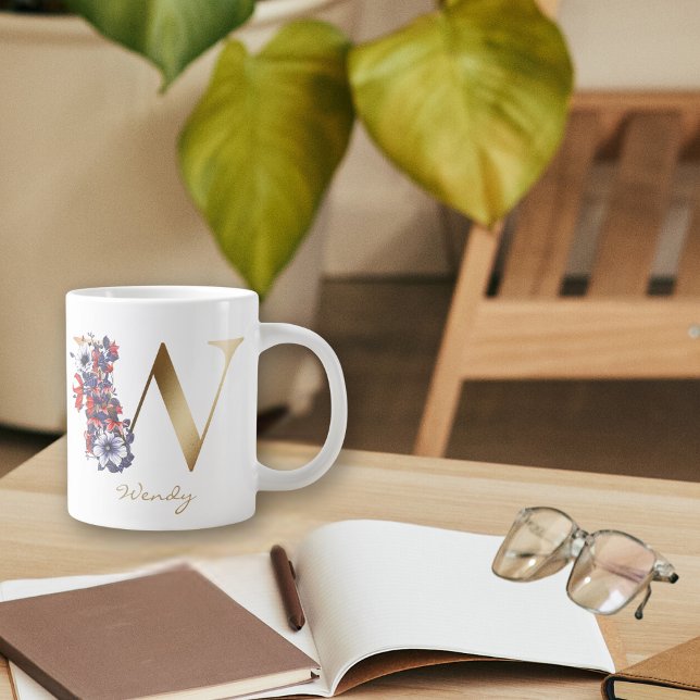 W Letter Gold Monogram Red White Purple Floral Large Coffee Mug (Creator Uploaded)