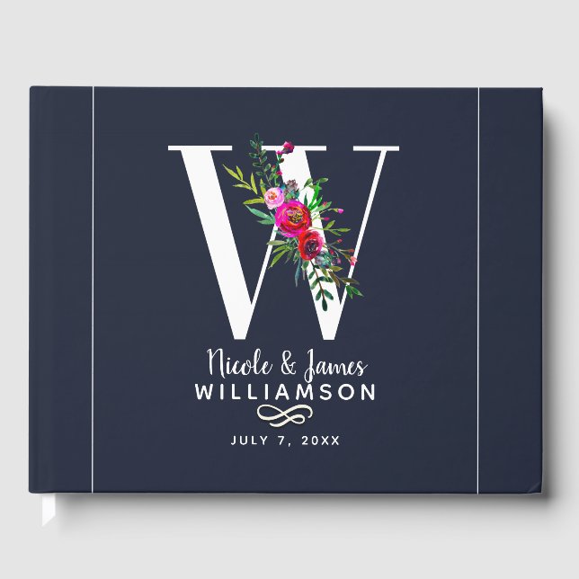 W Letter Initial Monogram Floral Name Wedding Guest Book (Front)