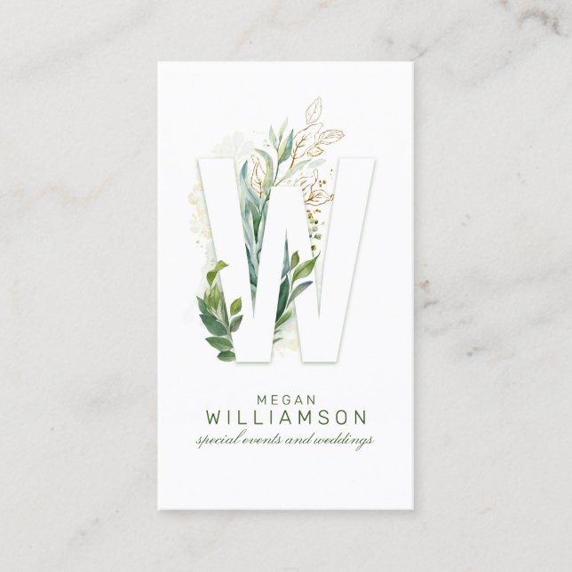 W Letter Monogram Gold Greenery Leaves Elegant Business Card (Front)