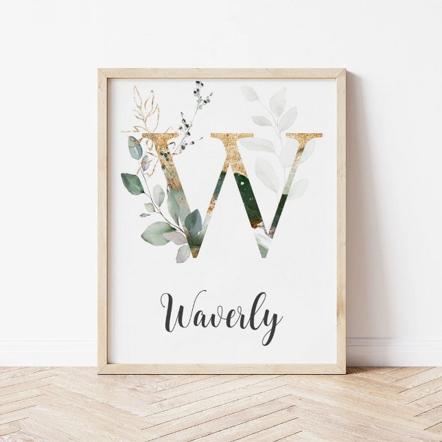 W Letter Monogram Greenery Nursery Name Wall Print (Creator Uploaded)