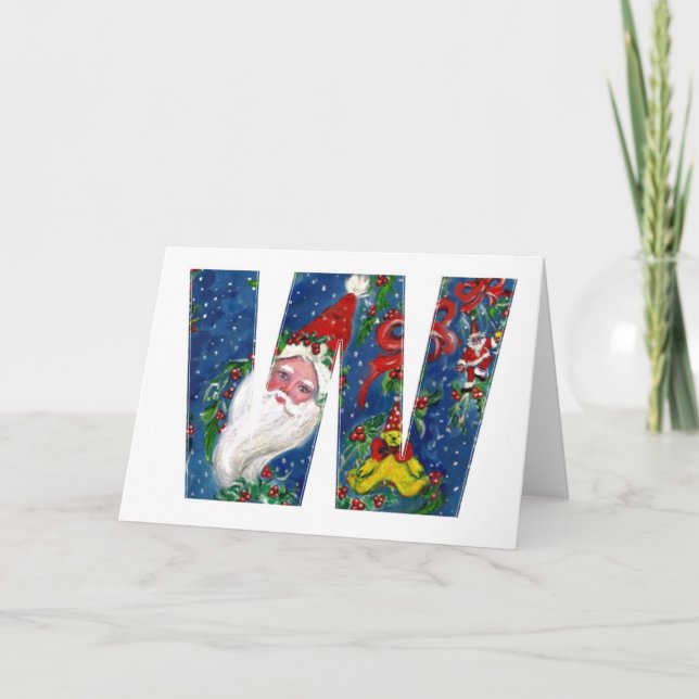 W LETTER / SANTA CLAUS WITH RED RIBBON MONOGRAM HOLIDAY CARD (Front)
