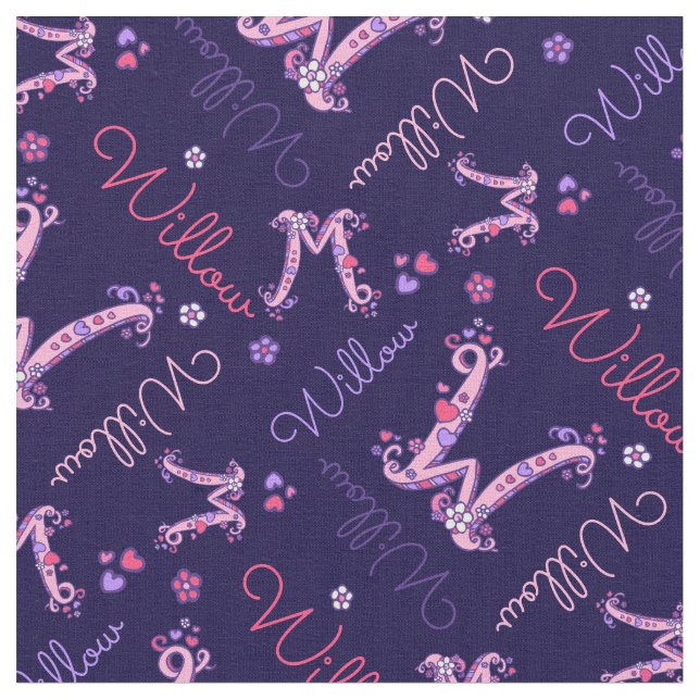 W monogram and personalised name Willow fabric (Close Up)