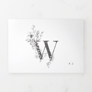 'W' Monogram Beautiful Sketched Floral Wedding Tri-Fold Invitation