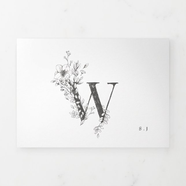 'W' Monogram Beautiful Sketched Floral Wedding Tri-Fold Invitation (Cover)