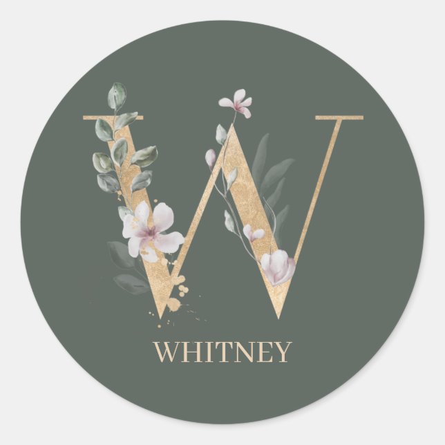 W Monogram Floral Personalised Classic Round Sticker (Front)