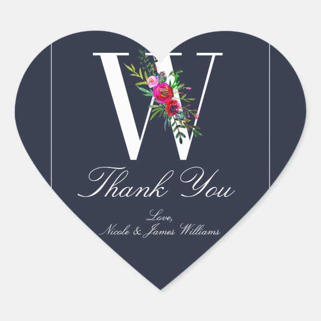 W Monogram Last Initial Modern Blue Floral Wedding Heart Sticker (Front)