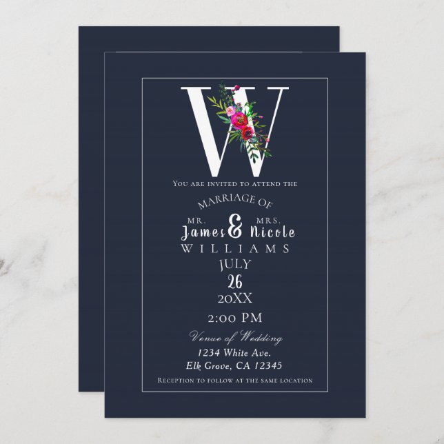 W Monogram Last Initial Modern Blue Floral Wedding Invitation (Front/Back)