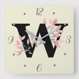 W Monogram with Pink Floral Sprays Square Wall Clock