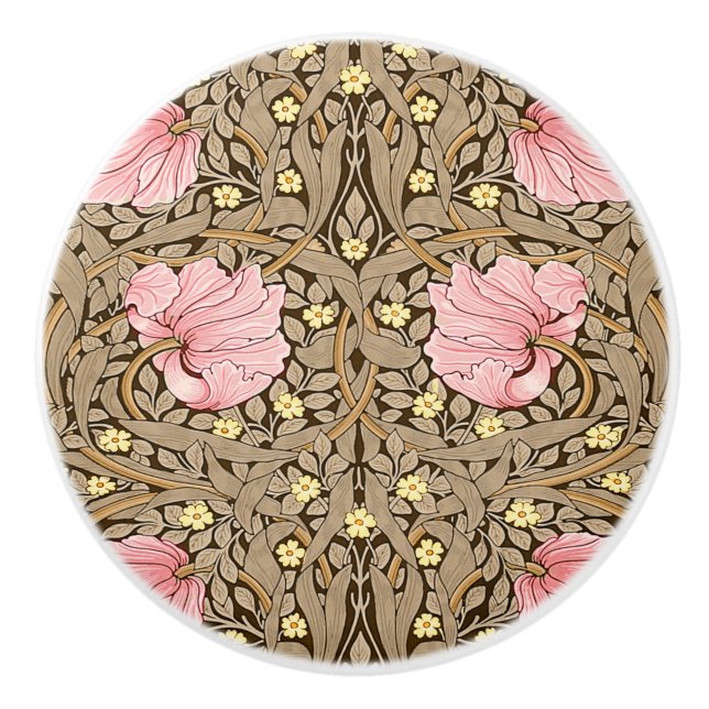 W Morris Pimpernel Pattern in Pink & Sepia Ceramic Knob (Front)