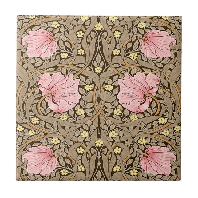 W Morris Pimpernel Pattern in Pink & Sepia Ceramic Tile (Front)